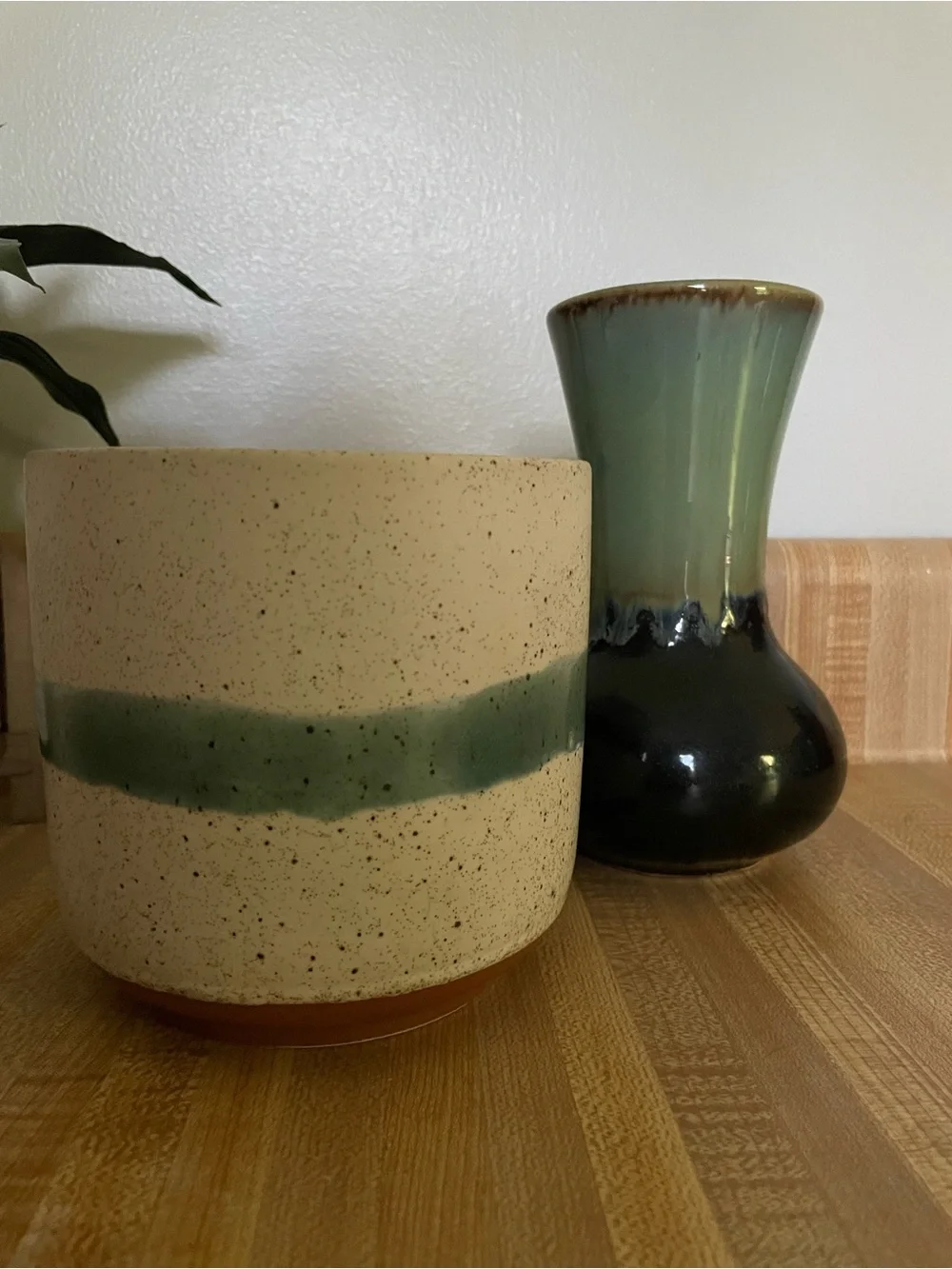 Handmade Green Glazed Ceramic Vase and Planter Set